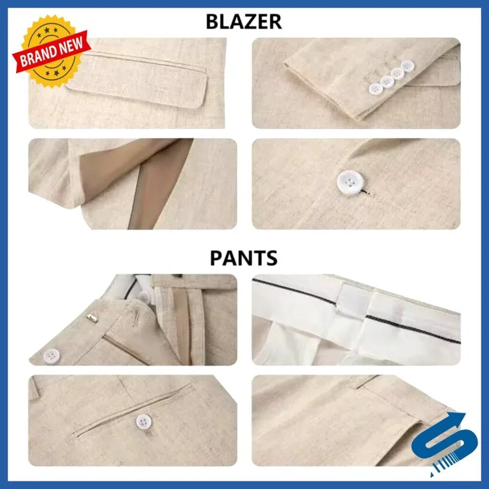 Slim Fit Linen Suit Blazer Pants Set for Wedding Business Summer